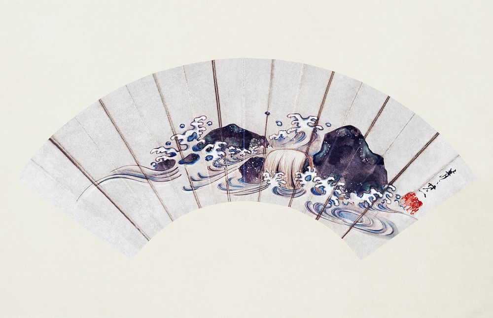 Ocean wave hand fan (19th century) vintage Japanese painting by Suzuki Kiitsu. Original public domain image from The…