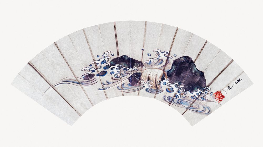 Ocean wave hand fan desktop wallpaper, vintage Japanese art.  Remastered by rawpixel. 