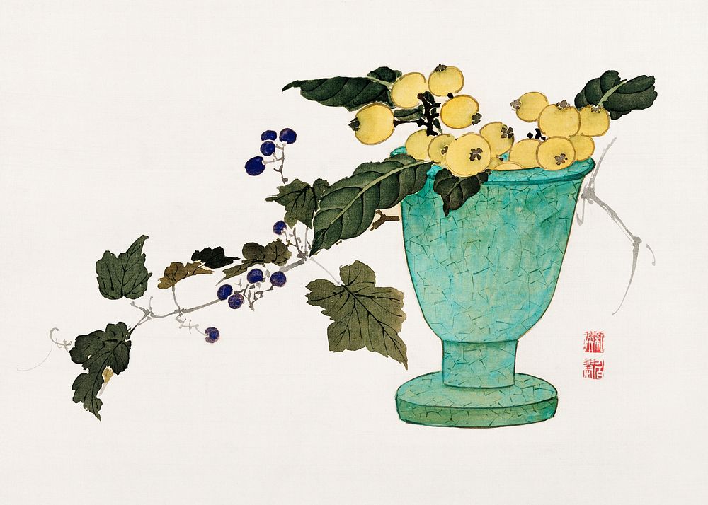 Vase with Loquats (19th century) vintage Japanese painting by Urakami Shunkin. Original public domain image from the…