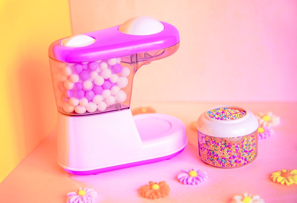 Kids toy aesthetic background, sprinkles bowl, blender