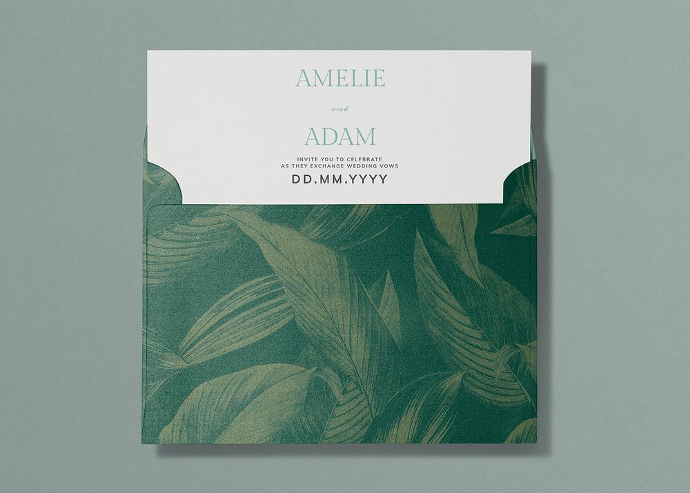 Wedding invitation card mockup, aesthetic stationery, leafy green envelope, flat lay design, psd