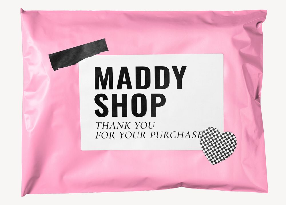 Label mockup, pink shipping bag psd