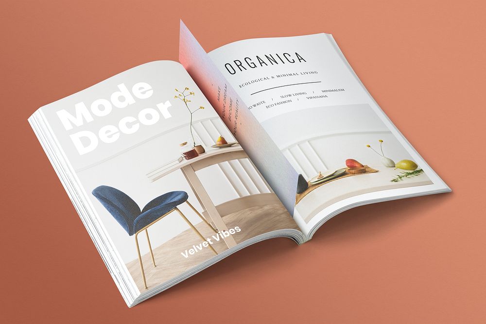 Magazine book mockup, interior ad page design psd