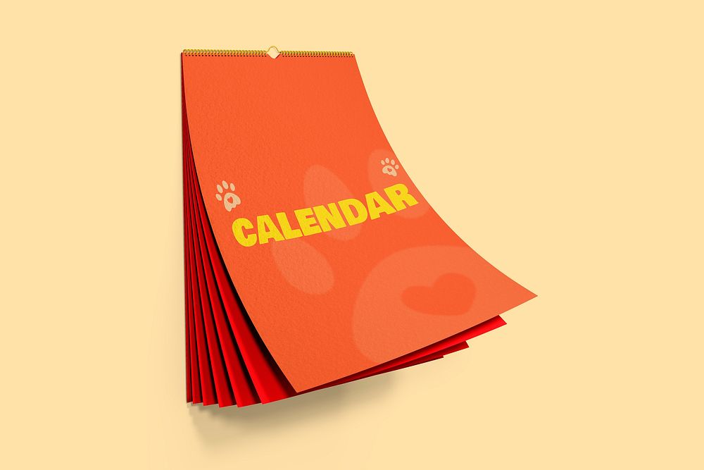 Hanging calendar mockup, orange 3D rendering design psd