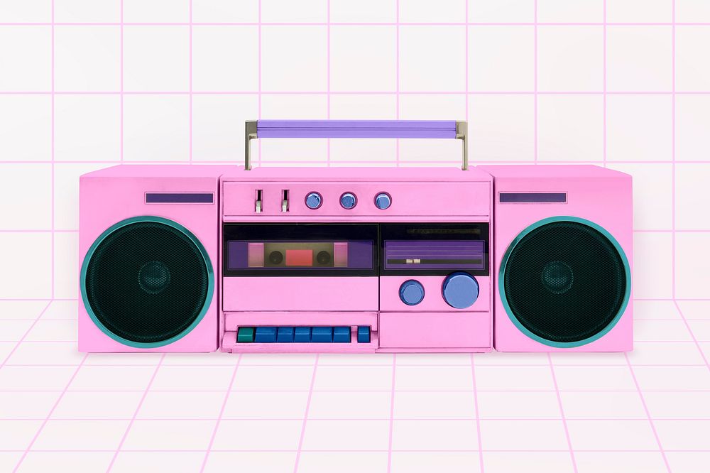 3D rendering pink retro cassette player, collage element