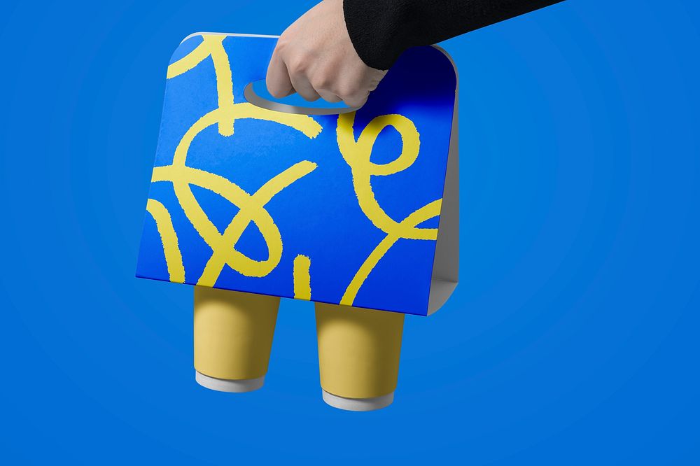 Abstract coffee cup holder, blue product packaging design