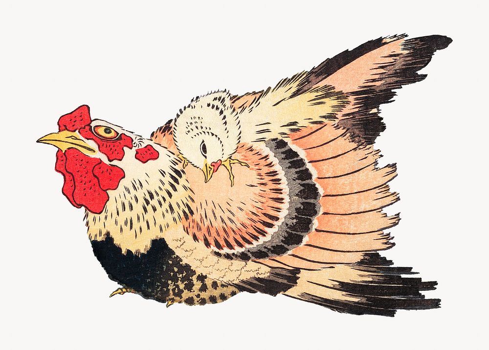 Hokusai's Chicken with Spiderwort. Original Premium Photo