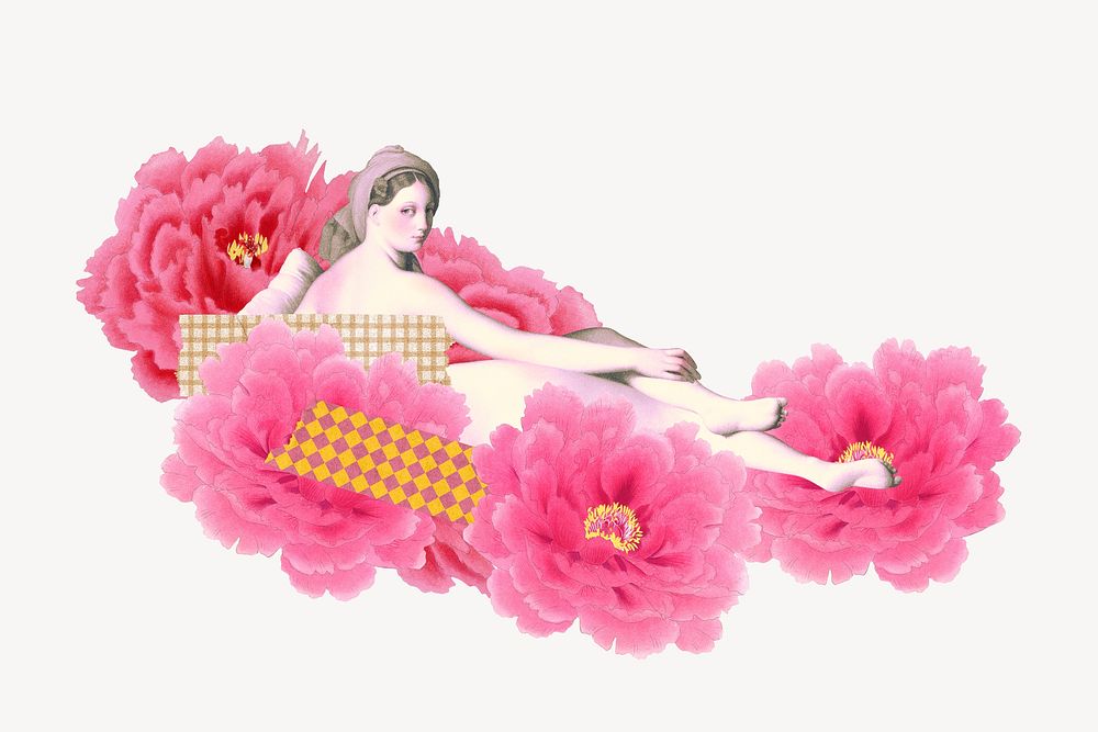 Vintage nude woman, botanical remix collage element psd