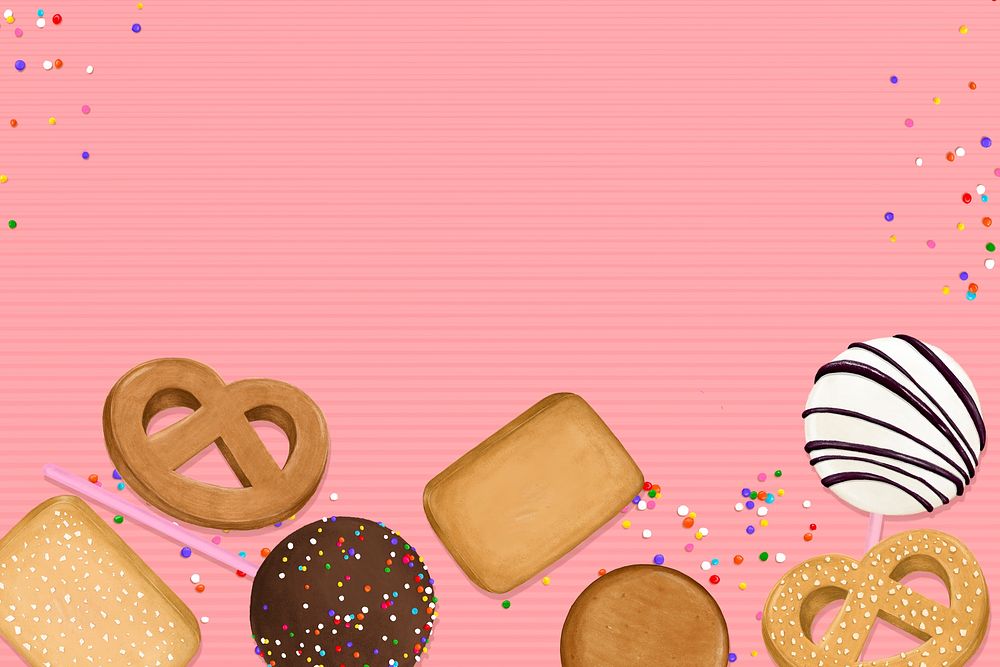 Pink sprinkles background, biscuits border illustration psd