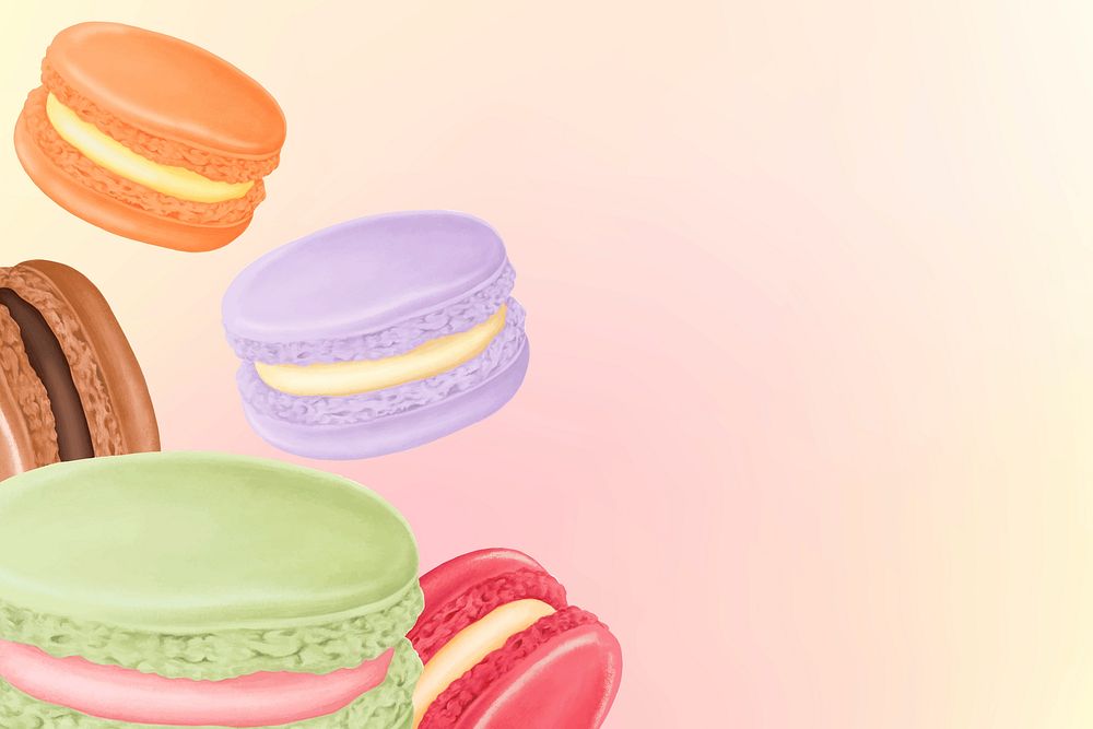 Colorful macaroons border background, dessert illustration vector