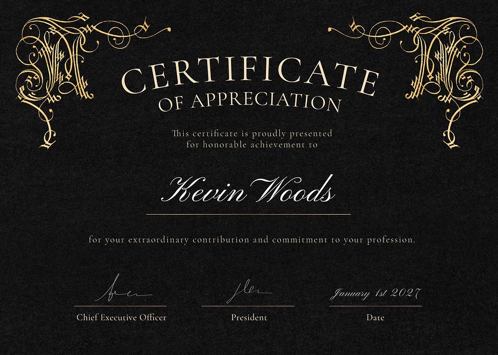 Luxury ornamental certificate template psd in black and gold