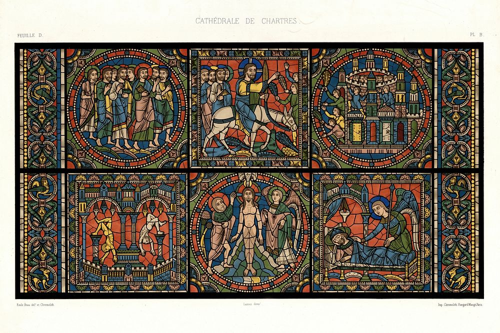 Monographia of the cathedral of Chartres, Chrome lithography of the stained glass window: The life of Jesus, Paris…