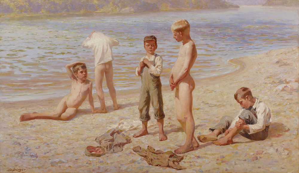 Boys Bathing (1894) painting in high resolution by Alexander Grinager. Original from the Minneapolis Institute of Art.…
