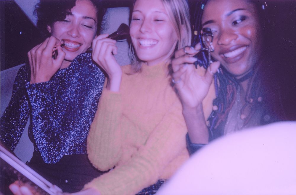 Diverse women in backseat of a cab, aesthetic design