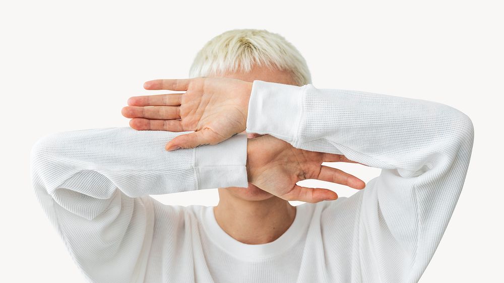 Woman covering face, off white design