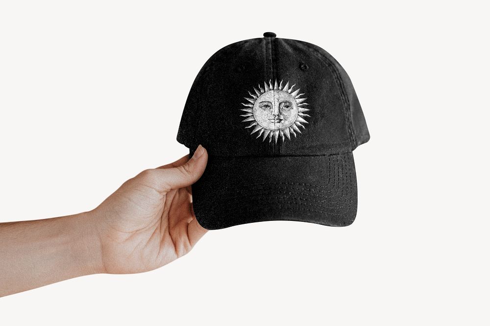 Baseball cap mockup, celestial sun print design psd