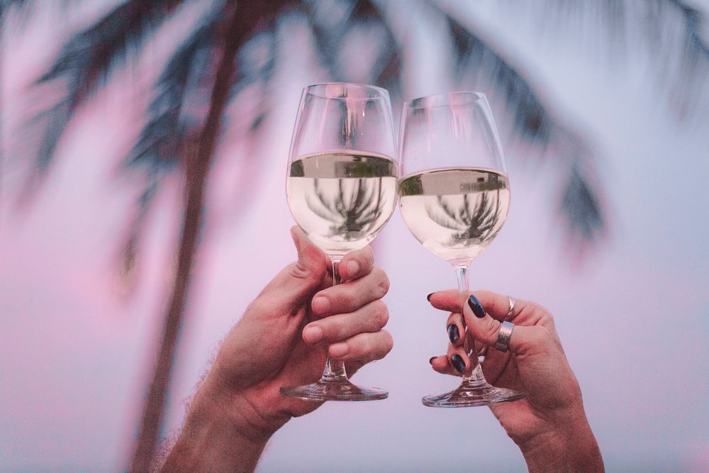 Couple enjoying glass of wine by the beach