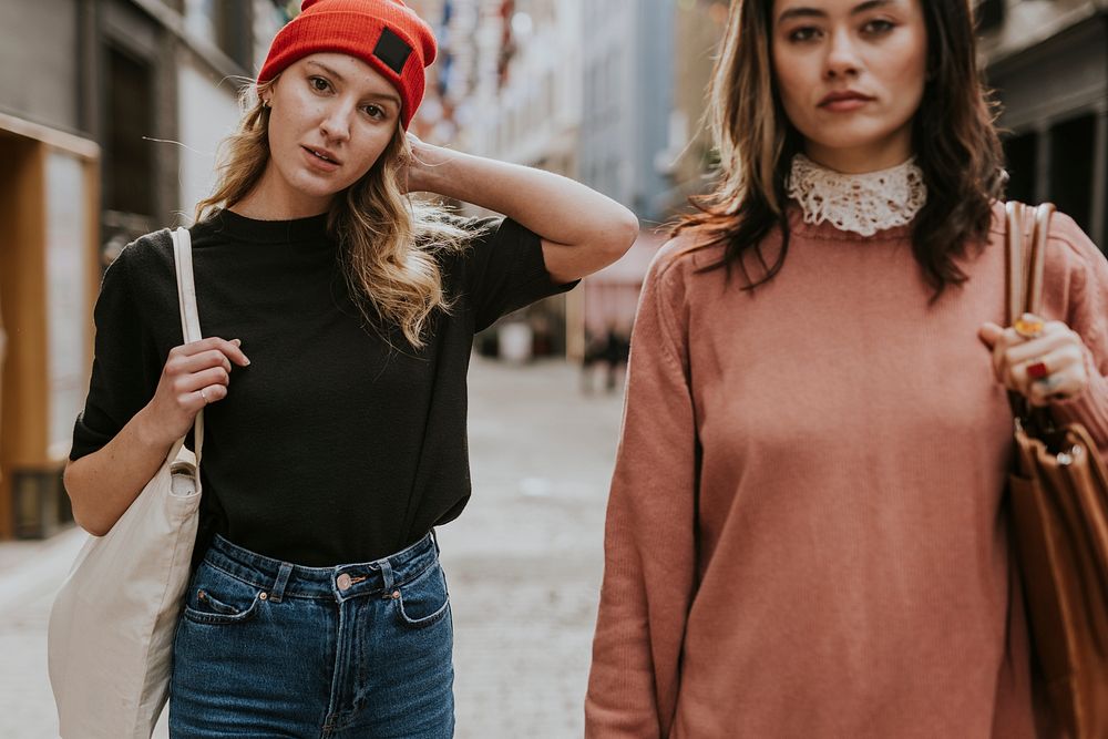 Diverse women in street apparel, fashion photo