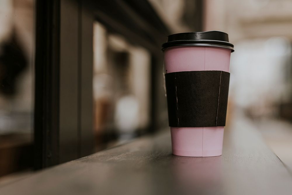 Pink paper coffee cup, aesthetic photo