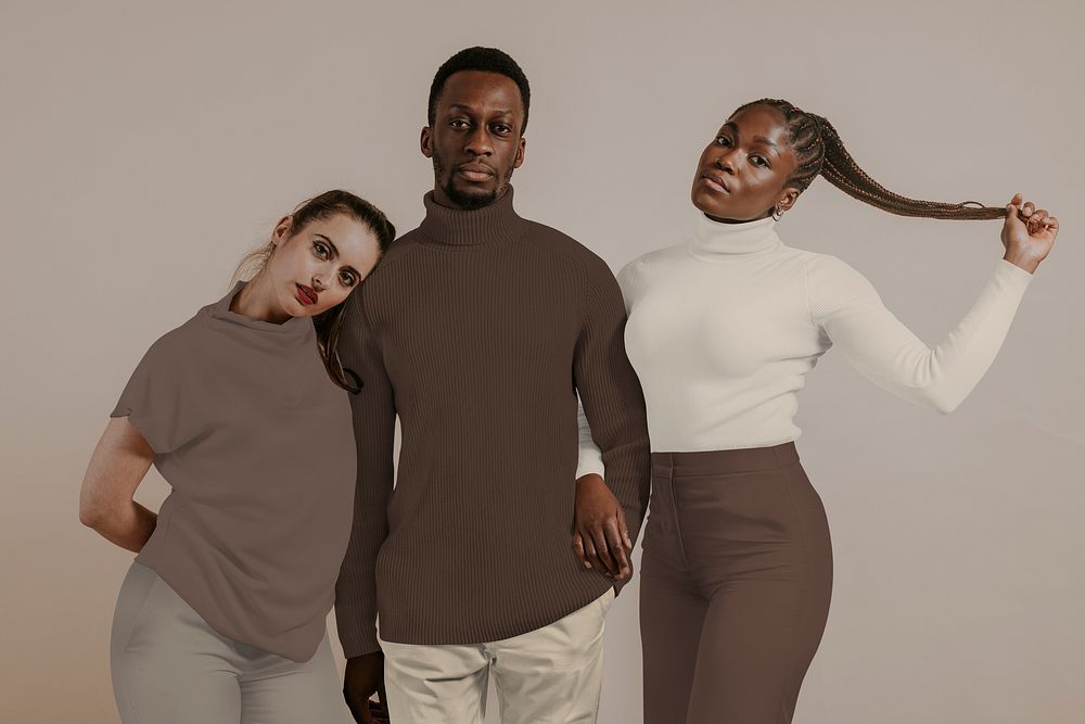 Diverse people wearing turtleneck shirt, studio shoot