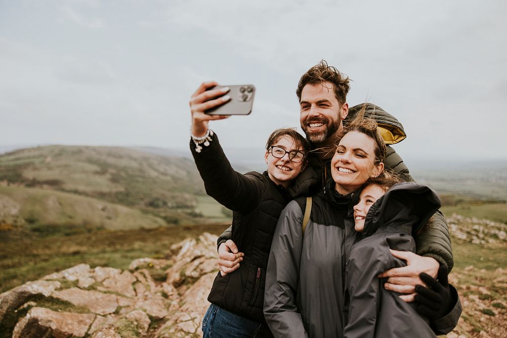 Happy family selfie, outdoor activity