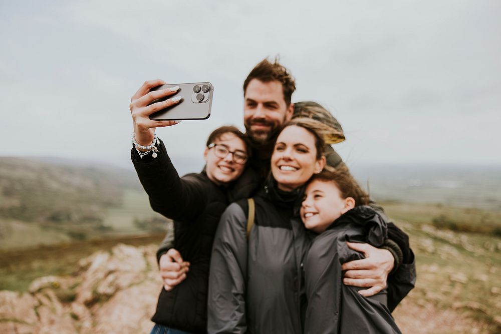 Happy family selfie, outdoor activity