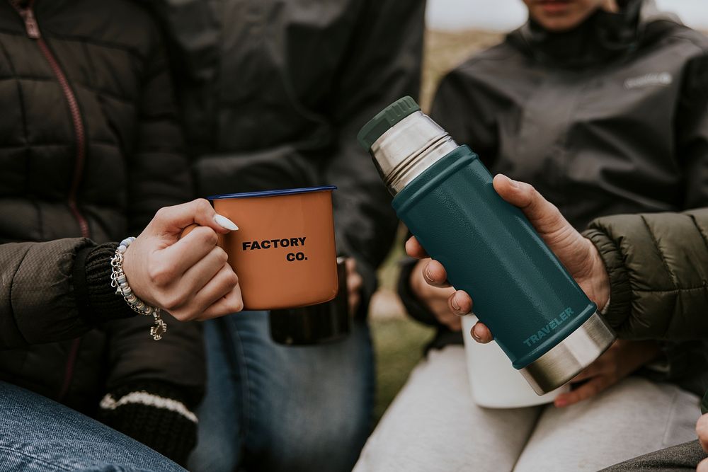 Mug & bottle mockup, outdoor camping psd