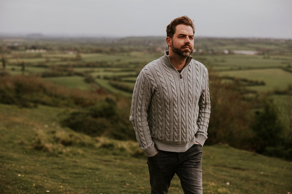 Man wearing knitted sweater, men's apparel