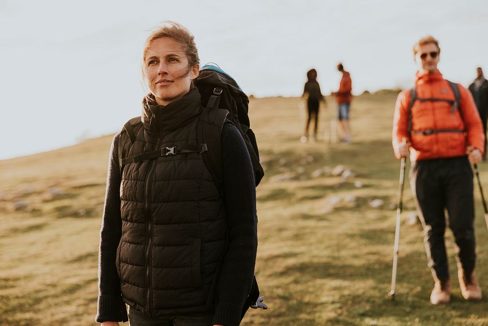 Friends hiking together, outdoor activity photo