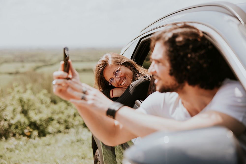 Happy road trip, smiling woman photo