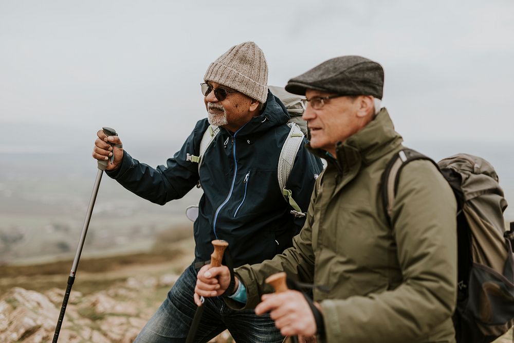 Senior men hiking on mountain