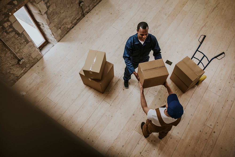 Removal service workers moving boxes 