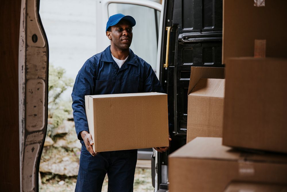 Removal service worker unloading box from the van