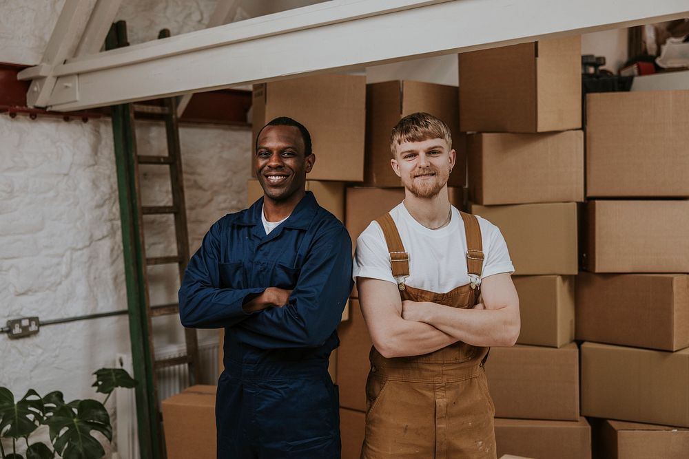 Professional moving service workers smiling