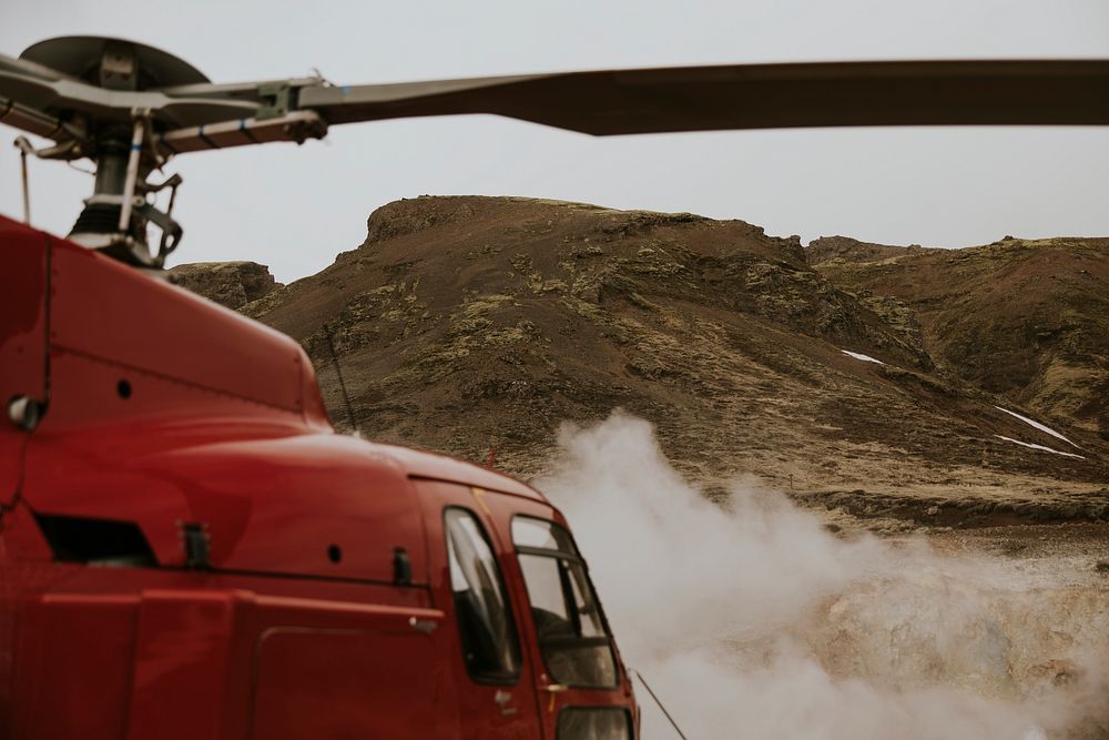 Air medical helicopter background, landed on mountain