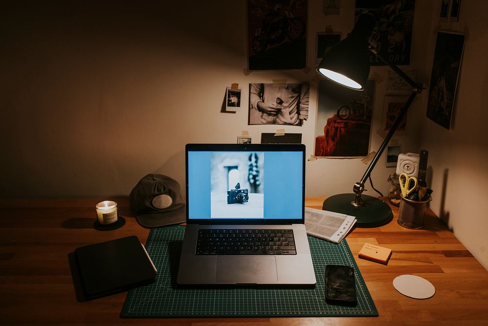 Photographer laptop, workstation aesthetic background 