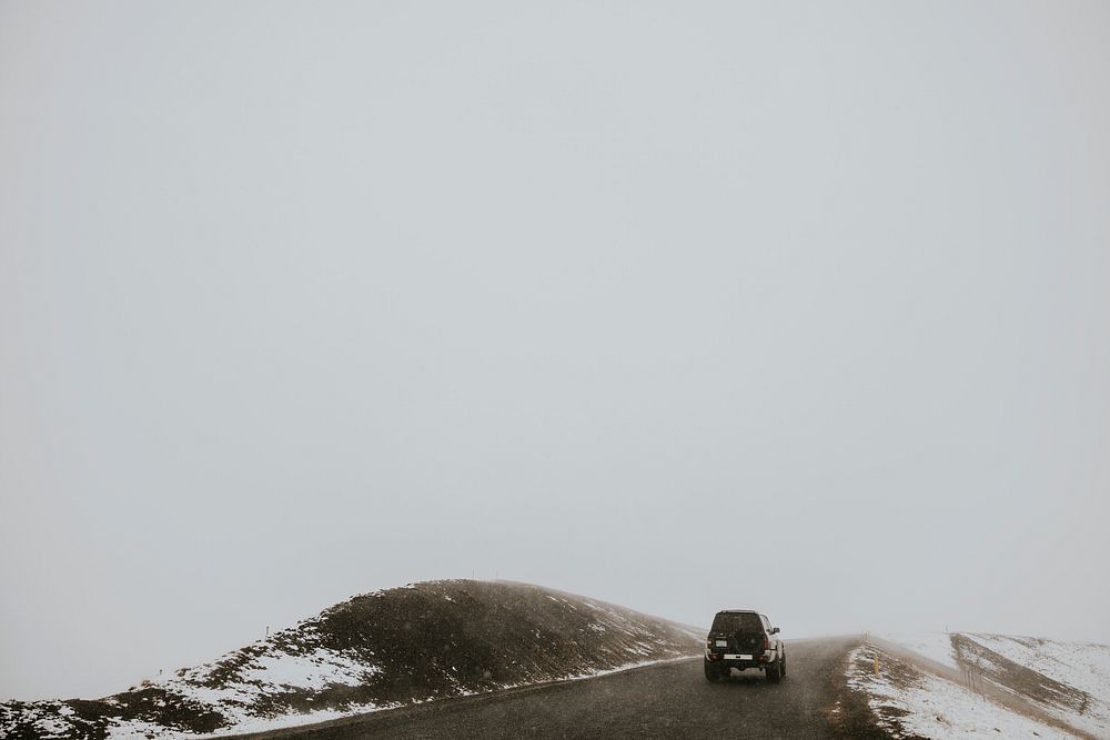 Snowy countryside road background, travel aesthetic