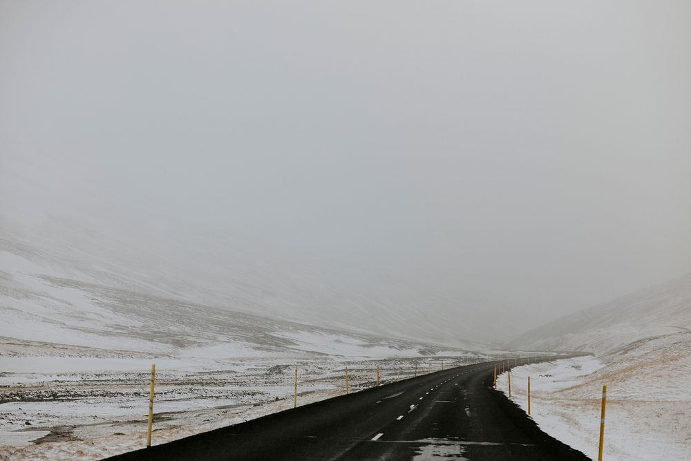 Snowy countryside road background, travel aesthetic
