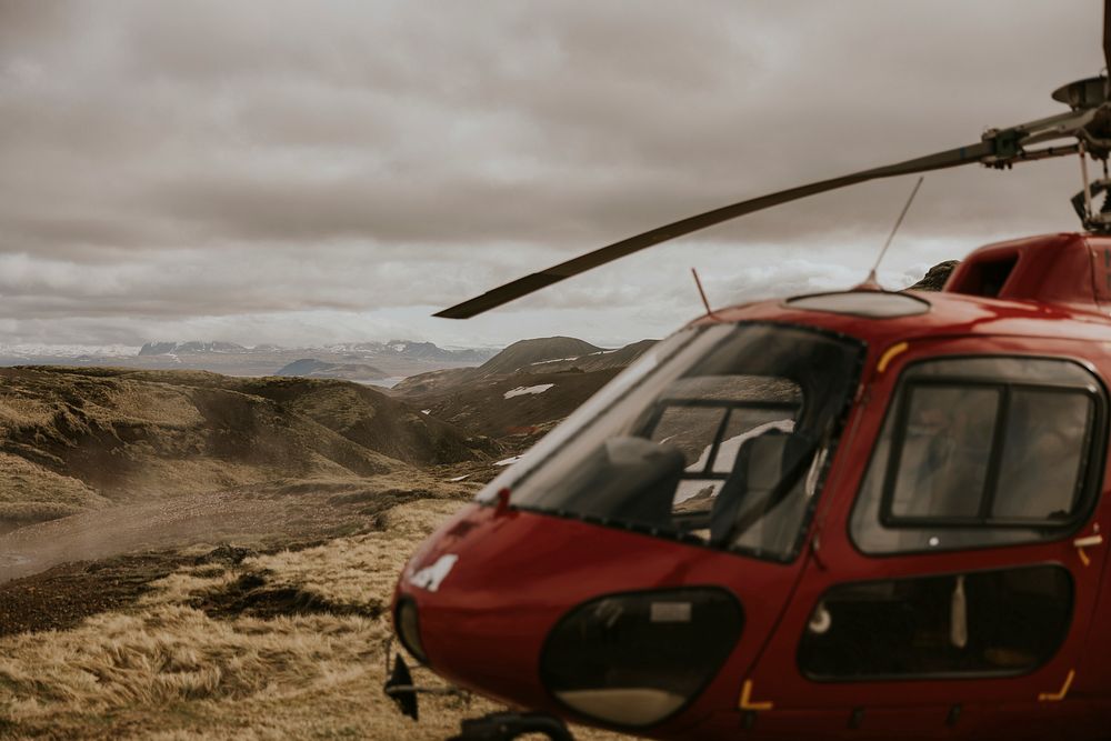 Air medical helicopter background, landed on mountain