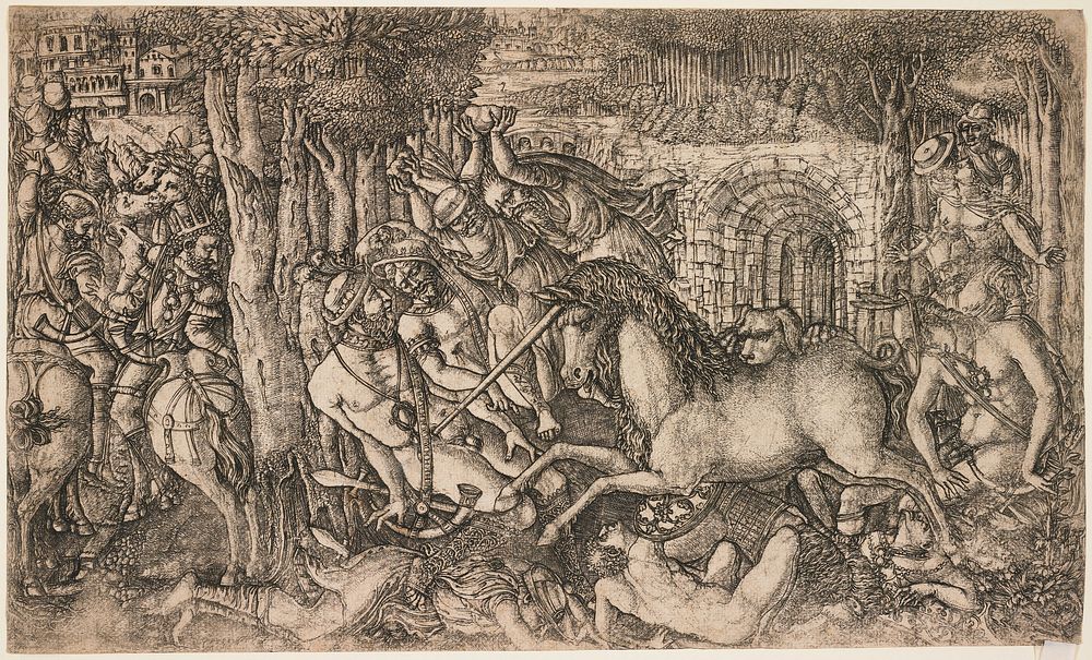 A King Pursued by a Unicorn (ca. 1555) print in high resolution by Jean Duvet. Original from the Minneapolis Institute of…