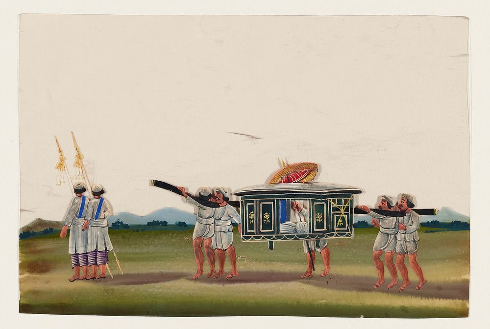 Attendants carrying man in palanquin during 19th century painting in high resolution. Original from the Minneapolis…