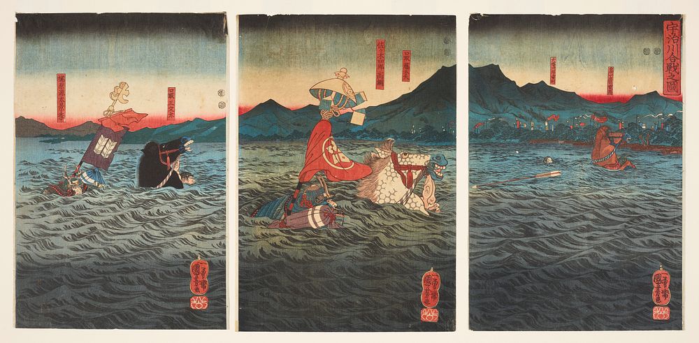 The Battle at Uji River (1849) print in high resolution by Utagawa Kuniyoshi. Original from the Museum of New Zealand Te…