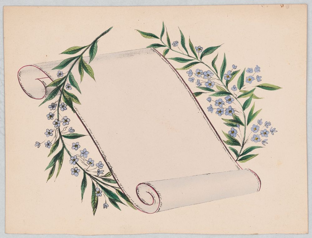 Scroll design with branches and blue flowers (1830). Original from the Library of Congress.