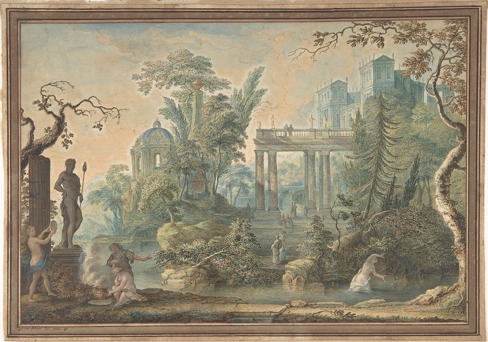 Arcadian Landscape with several Figures and a Statue of Apollo