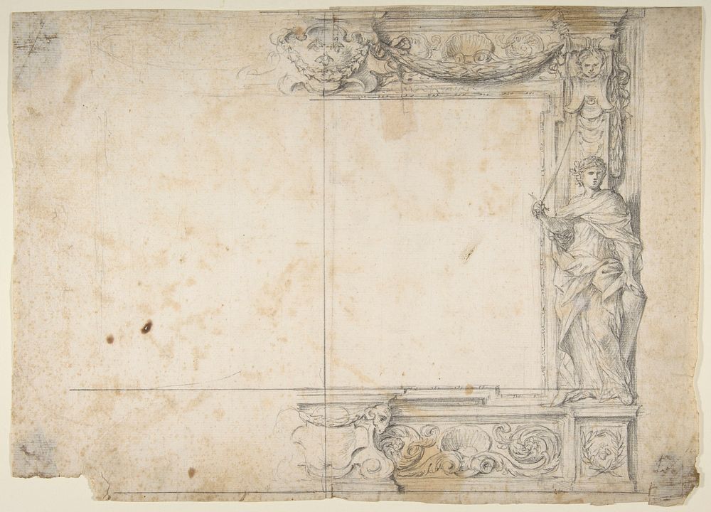 One Half of a Design for a Frame of a Stage Proscenium, with a Figure of Justice at the Right, and the Barberini Arms in a…