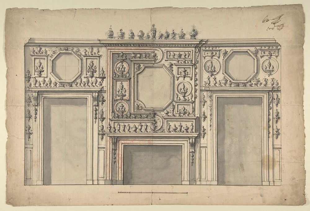 Two Variant Designs for the Interior of a Room, Decorated with Porcelains, Fireplace in Center, and With the Doorways at…