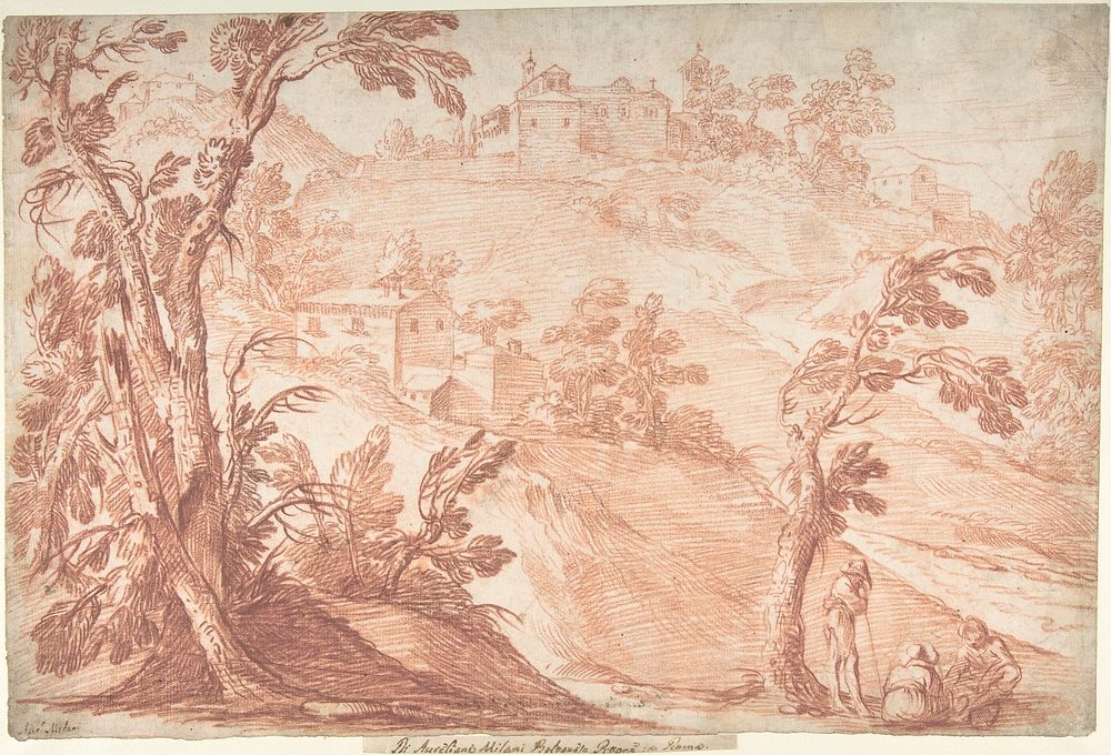 Hilly Landscape with Three Figures by Aureliano Milani