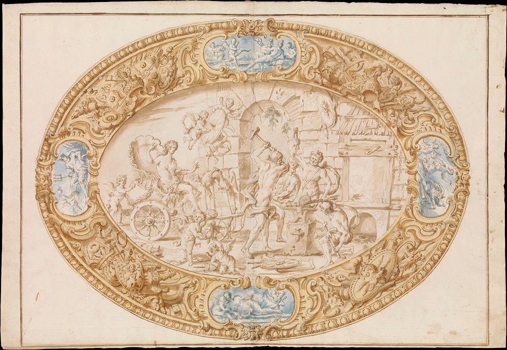 Design (Full-Scale Working Drawing) for a Large Oval Silver Dish with Silver Gilt Border Showing Vulcan's Forge, attributed…