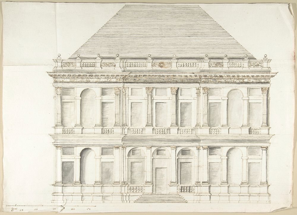 Two-Story Facade of a Palace with a Mansard Roof