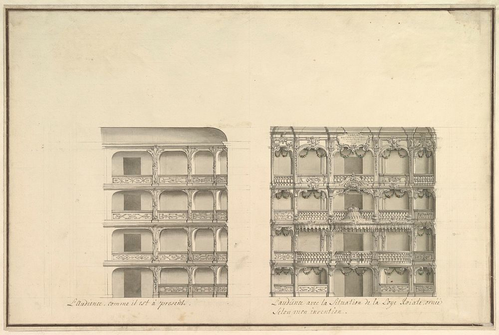 Elevation of Boxes and Royal Box as Presently Constituted and According to New Design, Workshop of Giuseppe Galli Bibiena